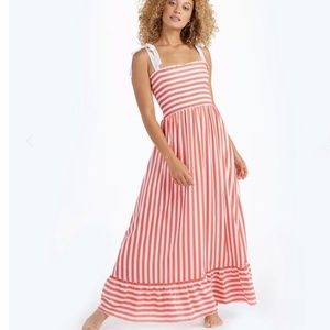 SUMMERSALT The Smocked Maxi Dress Nautical Stripe Nantucket Red ~ Large